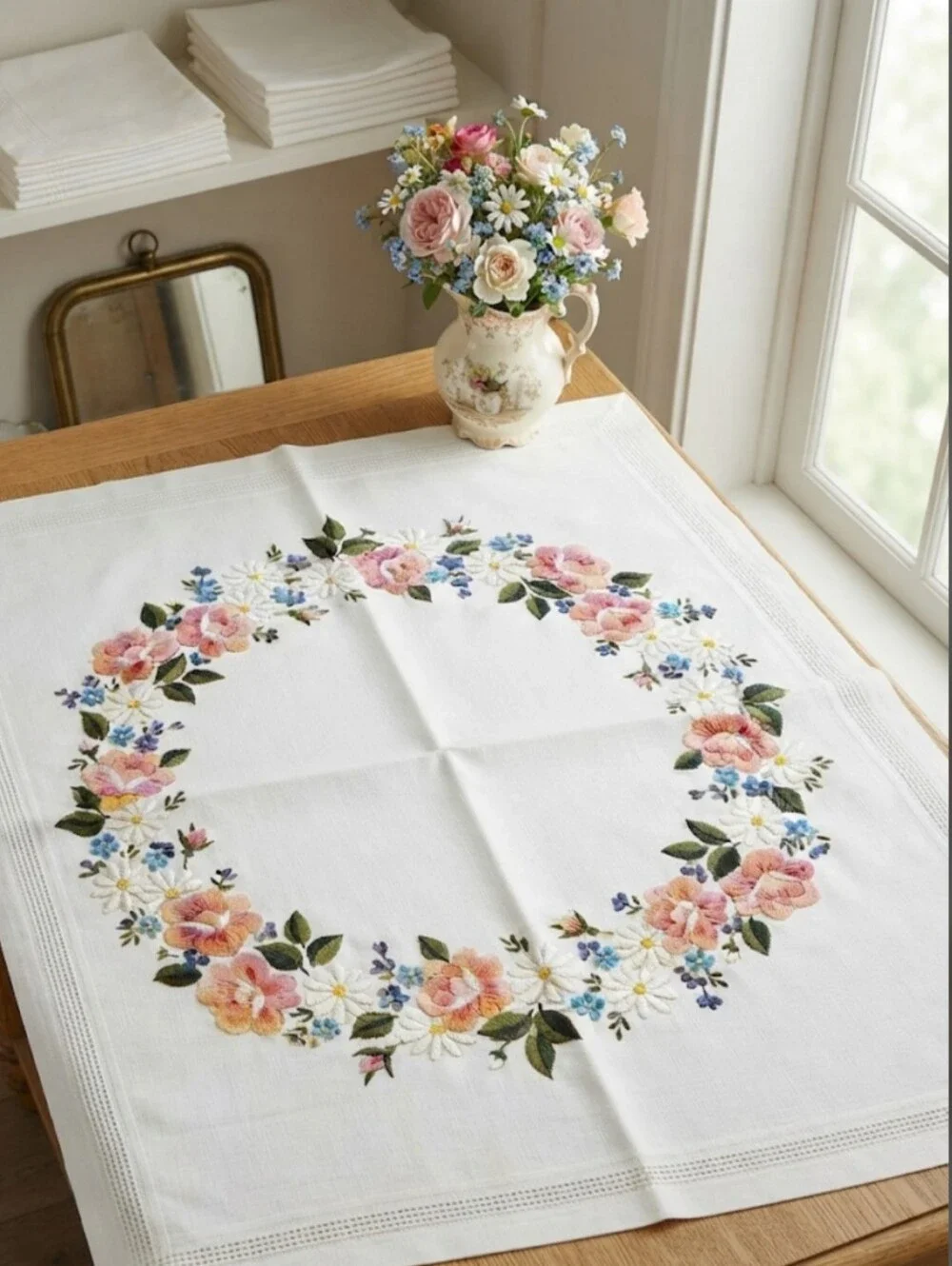 Elegant Floral Cotton Table Topper: Classic Boutique Style